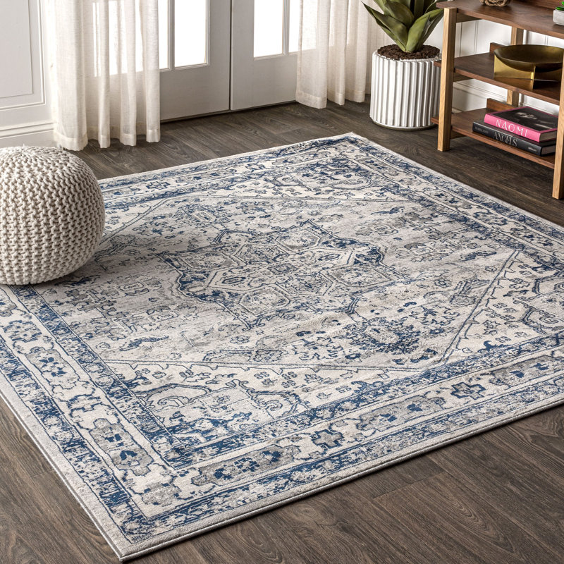 Lawton Modern Persian Vintage Medallion Light Gray/Navy Rug, Square 7'9"
