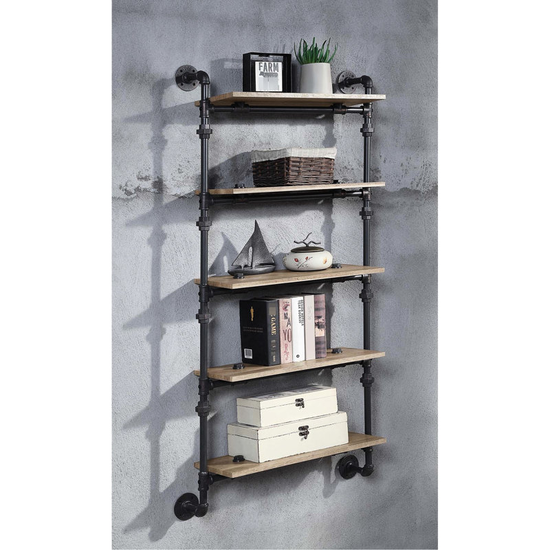 5 Tier Floating Wall Shelf, Oak, Sandy Black, Water Pipe Design, Mounted, Storage, Home Decor Style, Oak Decor, Storage