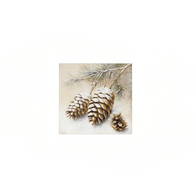 Rustique, pommes de pin avec branches enneigées, chaleureuse, hiver sauvage, art mural sur toile - 24 x 24 pouces beige