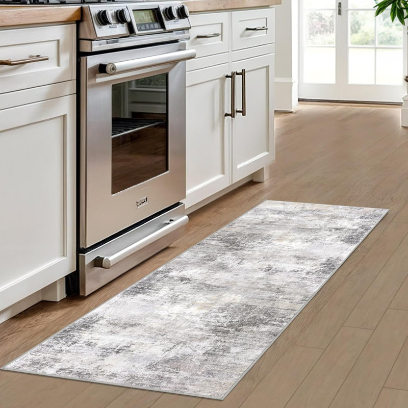 Abstract Kitchen Runner Rug Washable, Ash Grey/Beige, 2' x 6' (Runner)