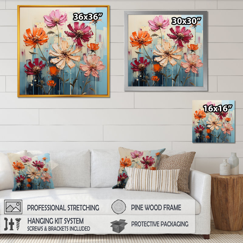 «Zinnias Bold» sur toile, Cadre flottant blanc, H 30 po x l 30 po x P 1 po