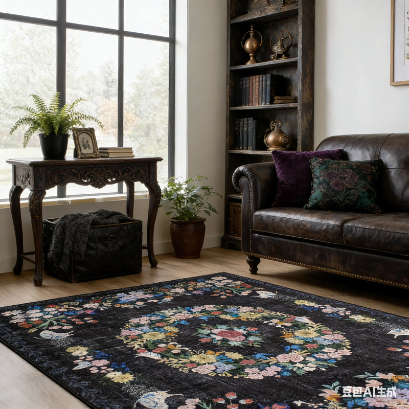 Tapis d'intérieur noir à motif floral lavable, Rectangulaire 8 pi x 10 pi