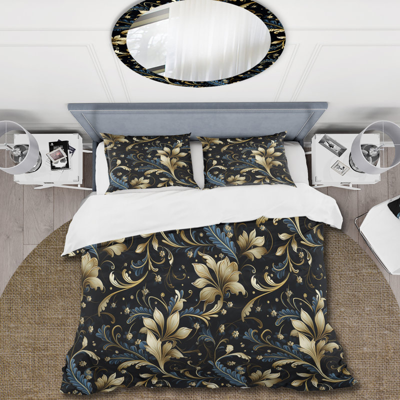 Ensemble de housse de couette damassé or et bleu, Housse de couette simple + 1 taie décorative stan