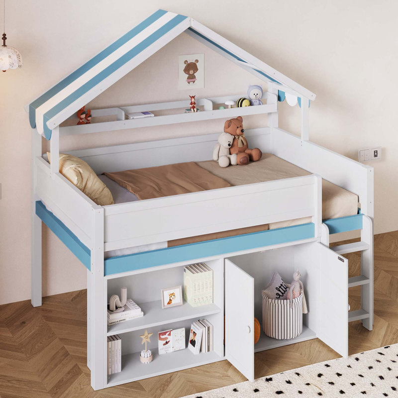 Lit mezzanine avec toit à baldaquin et armoire de rangement, White/Blue