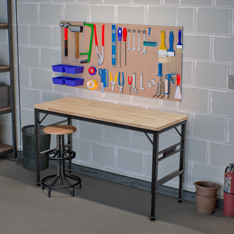 Établi à hauteur réglable, poste de travail robuste en bois d'hévéa de 60 po avec prises de courant, table de travail en bois franc d'une capacité de charge de 2000 lb pour atelier, garage, bureau, maison, commercial
