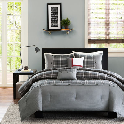 Édredon pour lit simple / simple TG en tissu écossais gris avec garniture décorative