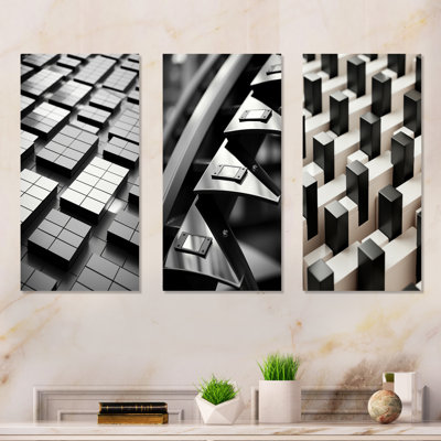 Panneaux de puissance abstraits noirs et blancs I - Ensemble de 3 reproductions d'art sur toile