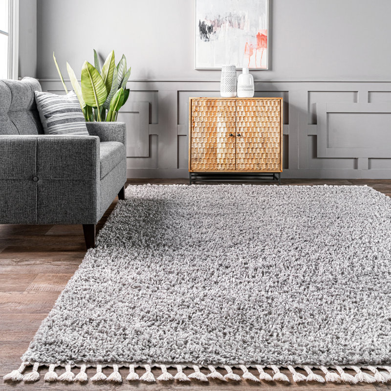 Shields Modern Performance Shag Tasseled Gray Rug, Rectangle 5' 3" x 8'
