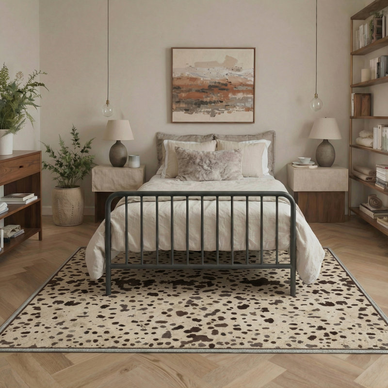 Cielo Animal Print Cowhide Machine Washable Mocha Beige Indoor Area Rug with Non-Slip Backing, Rectangle 5' x 7'
