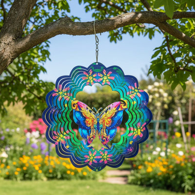 12In Metal Animal Wind Turning Hanging Decoration Wind Spinners Metal Purple Butterfly Blue Dragonfly Bird Wind Spinner Hanging-Ornament For Indoor Outdoor Garden Yard Decoration, H