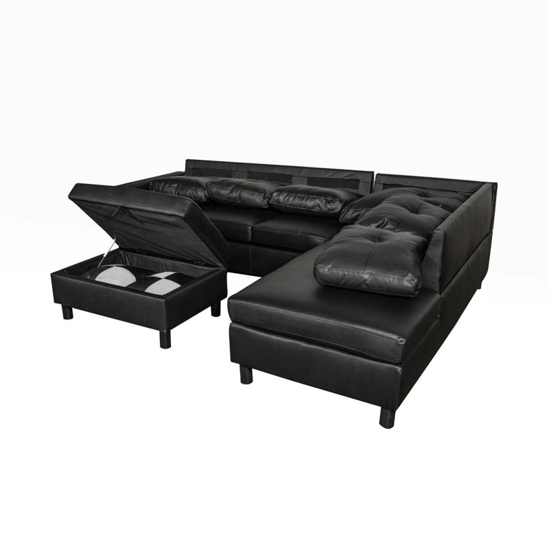 Ensemble de canapé modulaire, repose-pieds en similicuir avec rangement gratuit, Similicuir noir