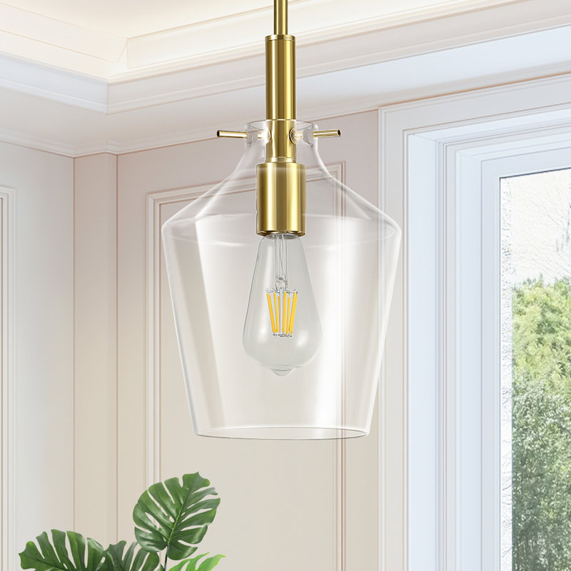1-Light 7.87" Modern Gold Pendant, Clear Glass for Kitchen Island, Brass