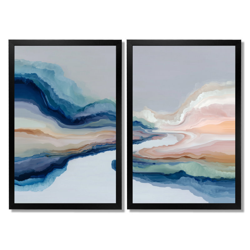«White Blue River Fragments - Encre liquide, art mural, impression abstraite sur toile blanche 2 pièces, Picture Framed Print