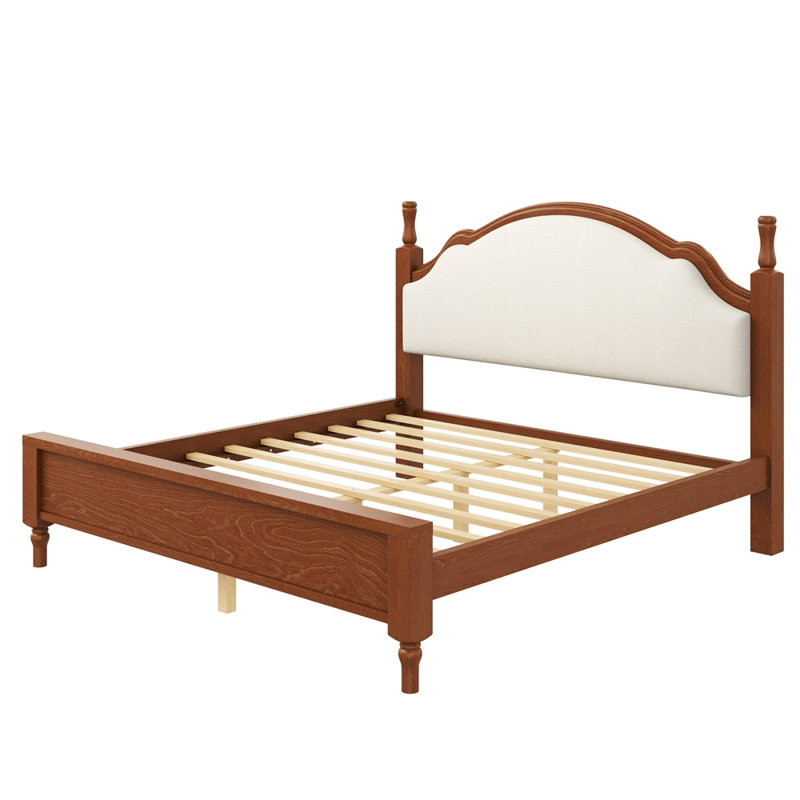 Lit plateforme en bois avec tête de lit tapissier, Grand lit, Beige et brun