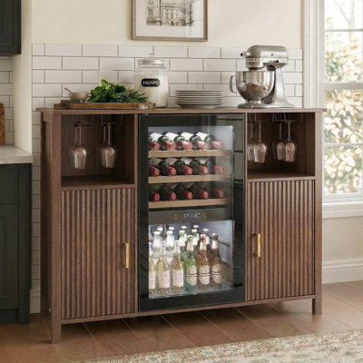 53" Wine Bar Cabinet with Fluted Texture, Modern Buffet Sideboard with Fridge Space and Glass Holder, Liquor Coffee Station with Storage for Kitchen, Living Room, Home Bar