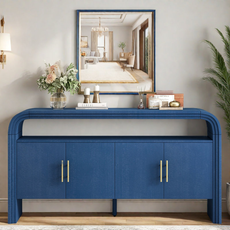4-door Elegant Console Table With Natural Embossed Texture, Curved Edge And Metal Handles, Navy