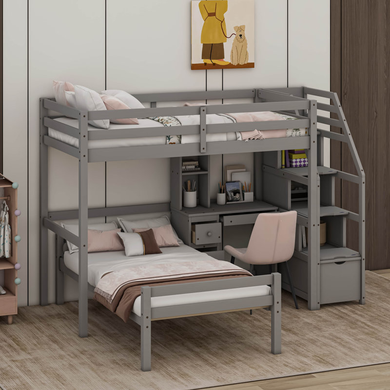 Kids Twin Loft Bed with Drawers, Gray