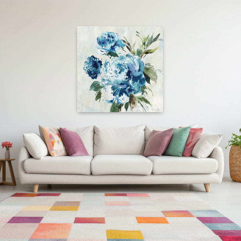 Art abstrait pivoine bleue II, 48" H x 48" W