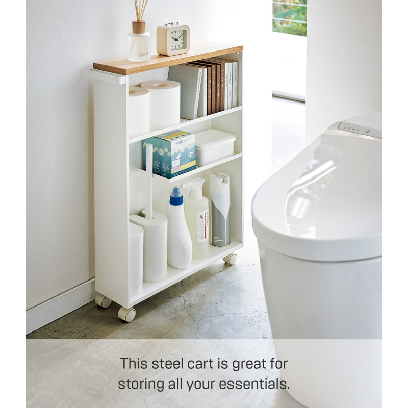 Slim White Wood Adjustable Rolling Bathroom Storage Cart