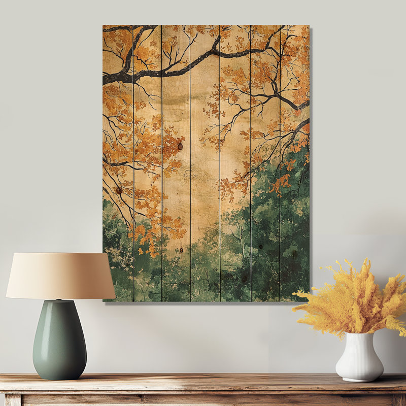 Feuilles de forêt brune, tranquillité V - décoration murale en bois de feuilles - sur bois de pin naturel