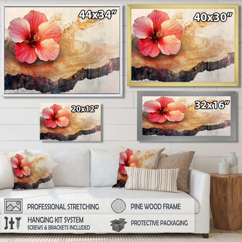 Chyanne fleurs d'hibiscus sur bois - art mural d'hibiscus pour le salon, H 16 po x l 32 po, Impression encadrée flottante