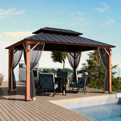 Hamilton 10' x 14' Hard Top Gazebo With Solar Self Powered LED Lights, Mosquito Netting And Canopy Hook