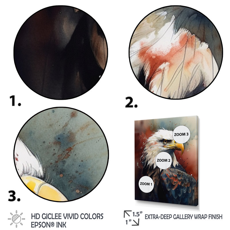 Aigle, portrait I - animaux, art mural sur toile, Cadre photo noir, H 32 po x l 16 po x P 1 po