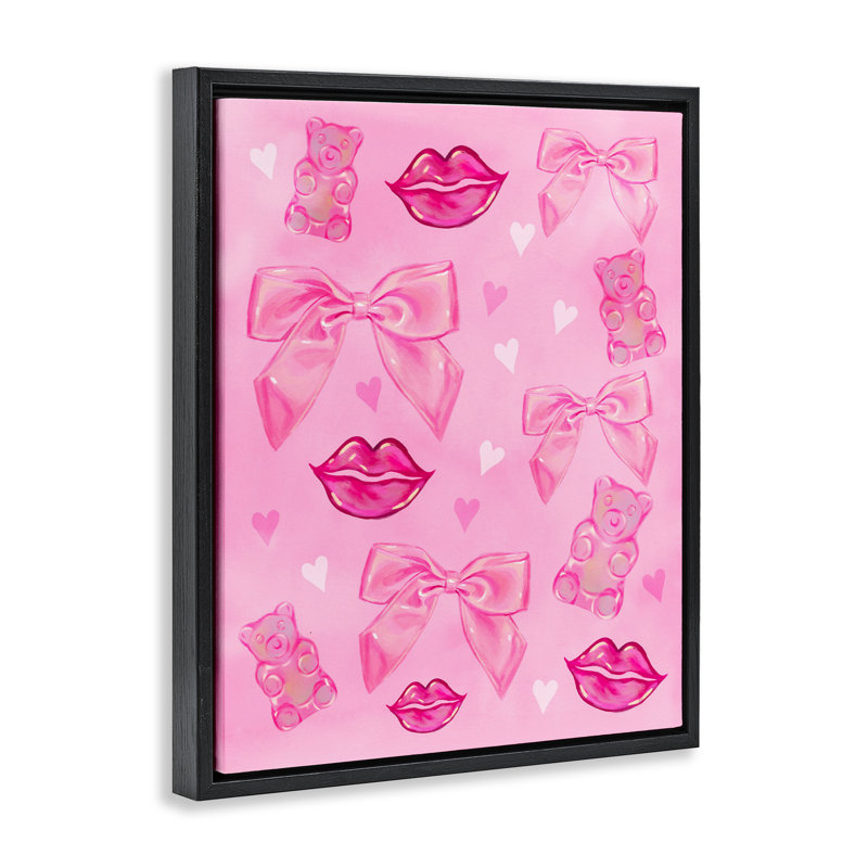 Lèvres, arcs et ours sur cadre flottant rose, design par Ziwei Li, Cadre flottant noir de jais, H 21 po x l 17 po