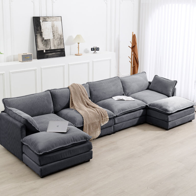 Redenius 6-Piece 148'' Upholstered U-Shape Sectional, Dark Gray Corduroy