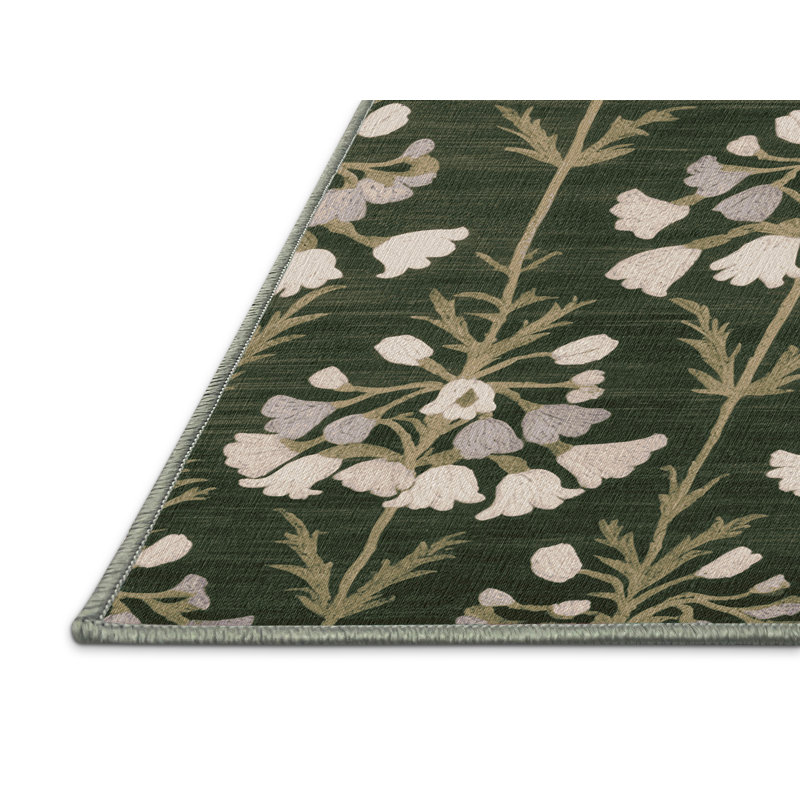 Machine Washable Botanical Green Area Rug, Rectangle 6' x 9'