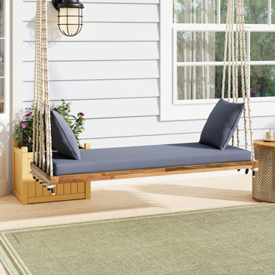 Balancelle en bois avec structure en bois, cordes en chanvre de 10,8 pi, coussin confortable et 2 coussins, capacité de poids de 400 lb, patio à 5 choix de couleurs fabriqués à partir de bois, siège souple à deux tolérances, options