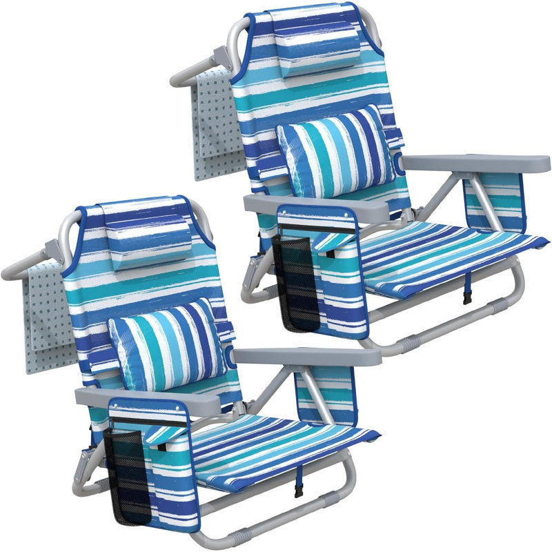 Chaise de plage à dossier inclinable, chaises de plage pliantes portatives avec 5 positions réglables, glacière intégrée et sangles de sac à dos