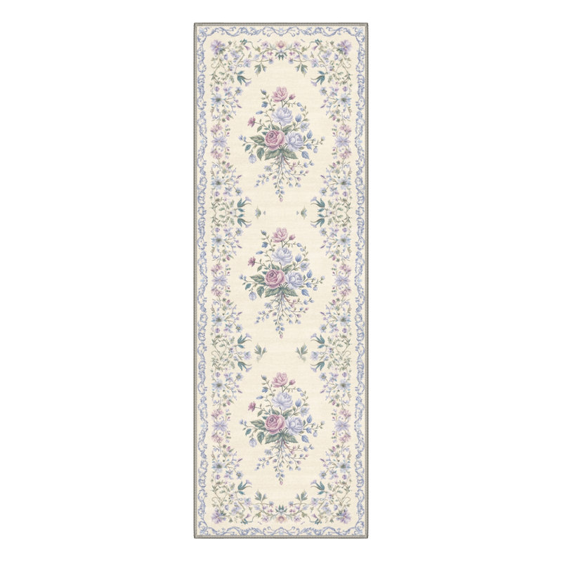 Atascadero Romantic Floral Bordered Rug, Machine Washable, Inspired Faux Wool, Non-Slip Backing, Runner 2' x 7'