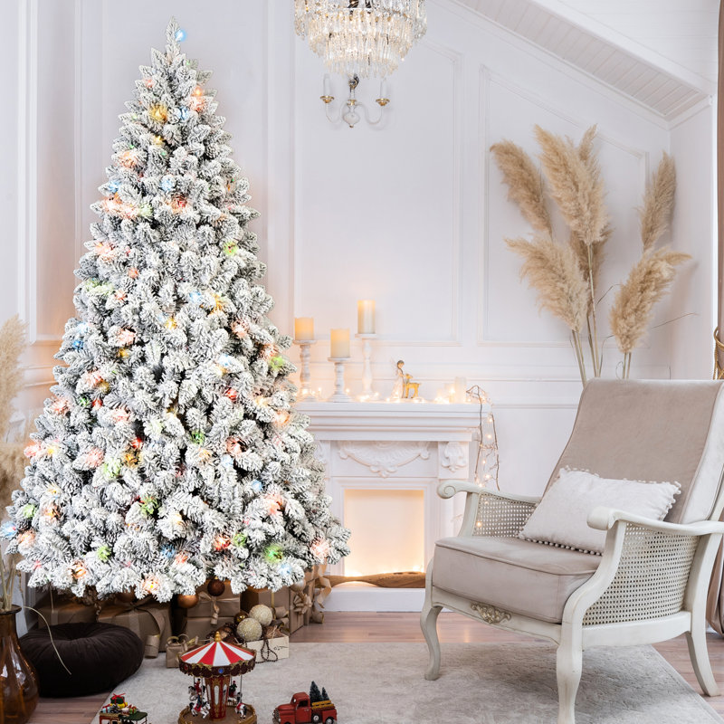 Arbre de Noël enneigé 7 pi avec 500 lumières multicolores Ul, 45 pins, 1124 branches enneigées, assemblage à charnières pour une installation rapide et base en métal Winter 84 - Assemblage simple de conception réelle, support stable