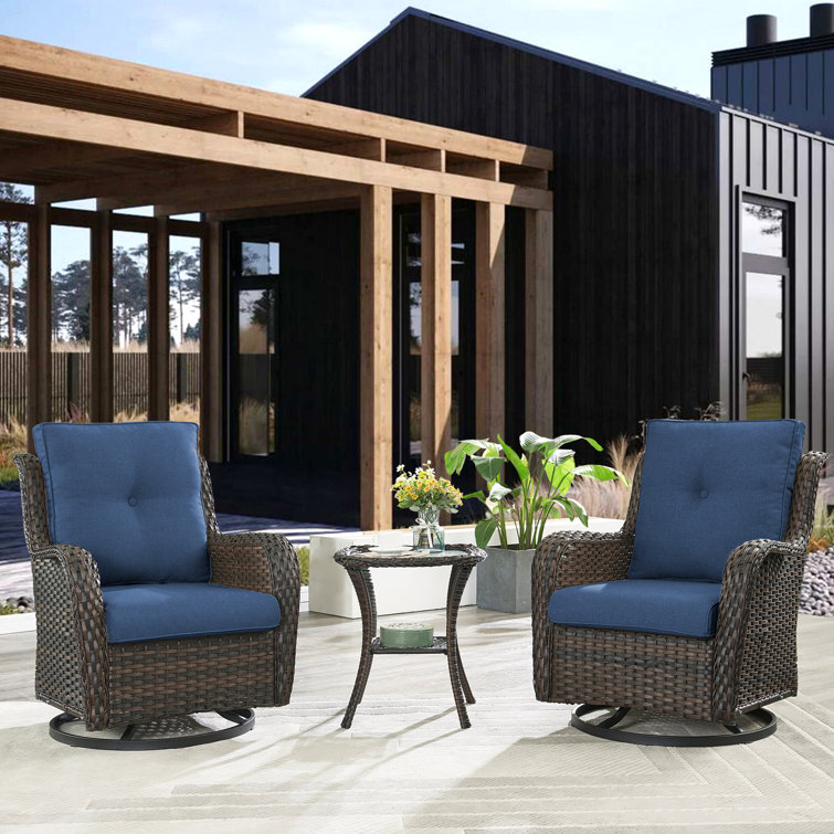 Schutt 3 Piece Furniture Set Wicker Swivel Chairs and Side Table with Cushions