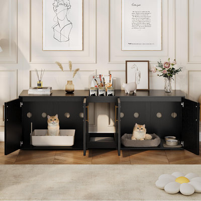 55" Wooden Cat Litter Box Enclosure for 2 Cats, Hidden Double Box with Soft Cushion & Storage Shelf