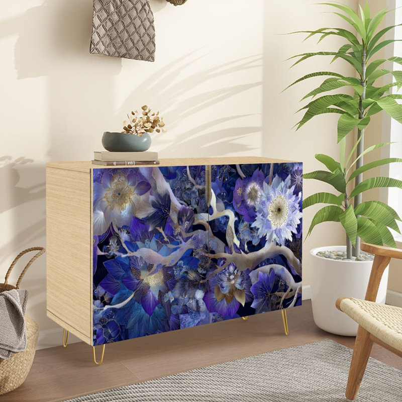 Buffet Buffet avec rangement Mystical Space Flowers Mauve bleu avec 2 portes pour le salon et la cuisine