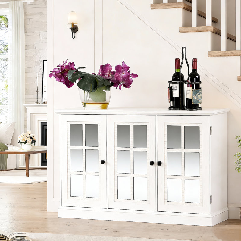 44.68 - Inch Wide Sideboard With 3 Mirrored Doors And Adjustable Interior Shelves For Living Dining Areas Scratch Aesthetically 45" Storage Cabinet Kitchen, Dining, Stability Design