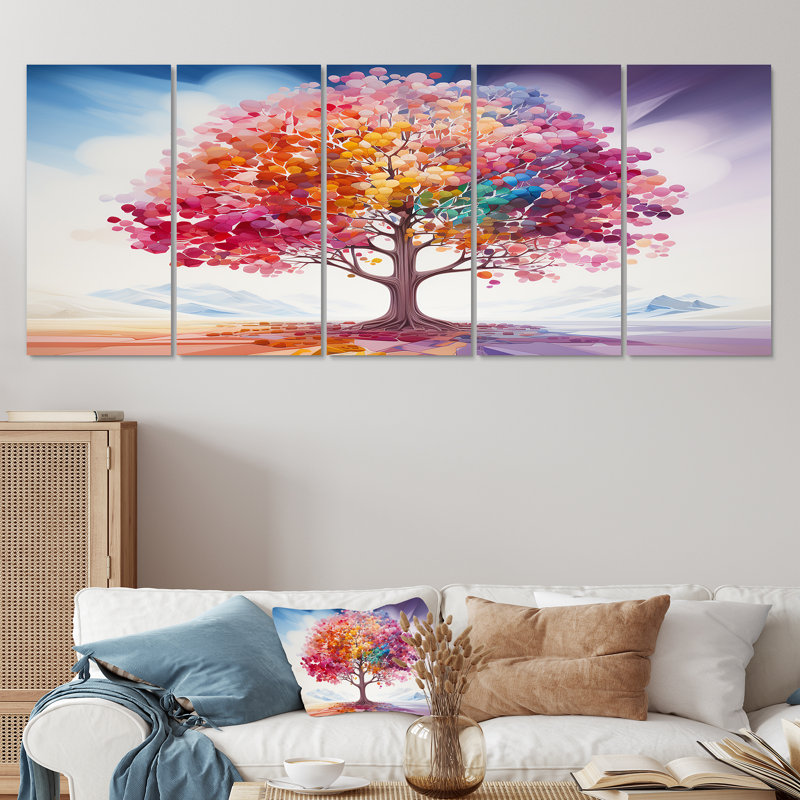 Rainbow Autumn Colours Tree - Tree Oak Wall Art For Living Room 5 pièces, H 28 po x l 60 po