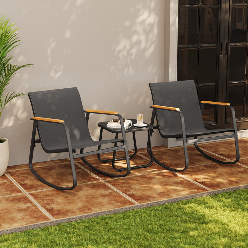 3-Piece Rocking Bistro Set with PVC-coated polyester Chairs – Wooden Armrests, Glass Coffee Table & Cushions, Black