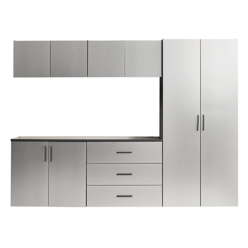 Series, Armoire de garage, Finition gris métallique, Tiroirs, Caractéristiques de l'eau et de la chaleur, 2 bandes de bordure plus épaisses, Sur tablette réglable, Support double en métal 6 B, 96 po L 79 po x P 20 po, portes à tiroirs