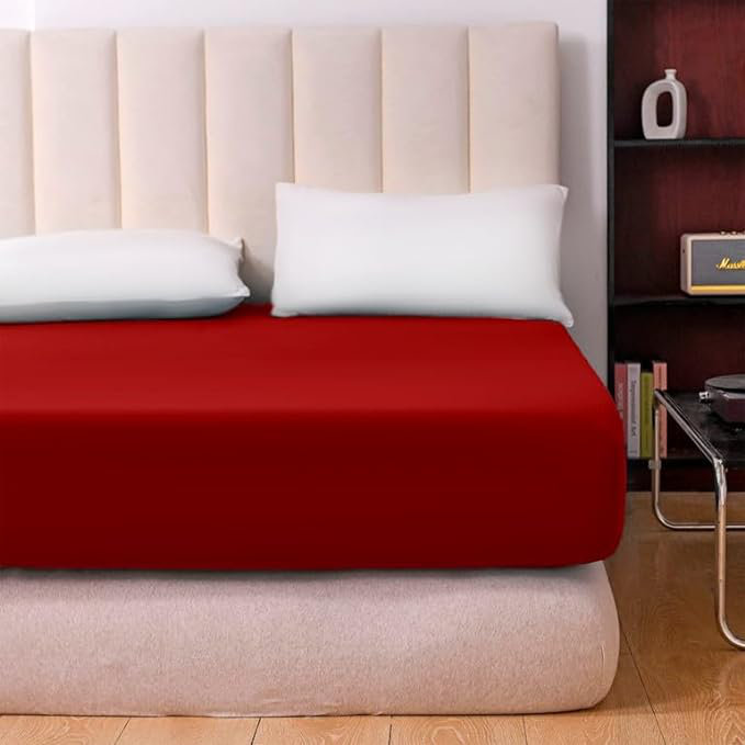 Parizoda Plain Fitted Sheet Extra Deep Pocket 30Cm , Elastic Pocket Breathable, Super King (6'), Red