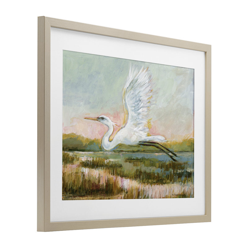 «White Heron Flying», reproduction encadrée sous verre, conception de Susan Winget, H 13 po x l 16 po