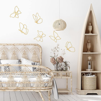 Set of 6 Minimalist Gold Metal Butterfly & Line Flower Dimensional Wall Hanging Decor for Bedroom Bathroom Wedding Party