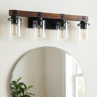 Applique murale 27 po 4 lumières rustique industrielle 27 po avec abat-jour en bois de noyer et abat-jour en verre transparent Fini fer noir Ampoules de 60 W maximum non incluses Fixation câblée pour salle de bain