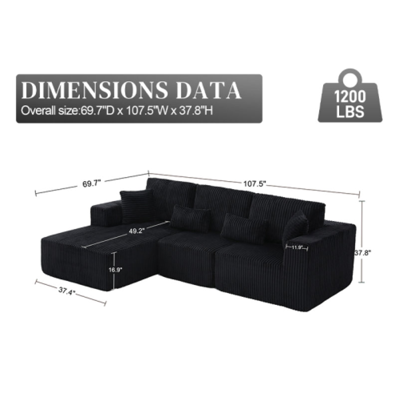 Comfortable Modular Sofas, Black Chenille L-shaped Couch For Home