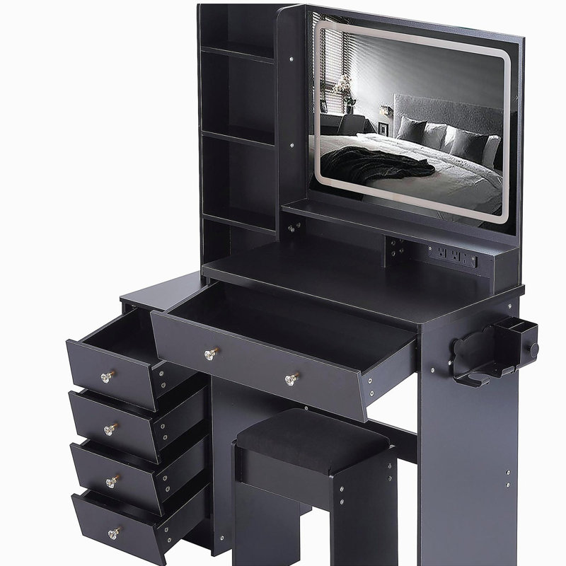 41" Large Size Left Bedside Cabinet Vanity Table+Cushioned Stool Dresser Set, 2 AC+2 USB Power Station, Hair Dryer Stand, Extra Large Touch Control LED Mirror, 3-color Switch, EPA, GCC, UL Certificate