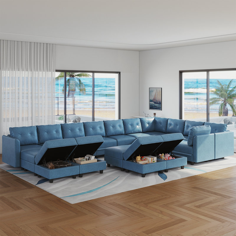 Zendajas Upholstered U-Shaped Sectional Reversible, Sky Blue Faux Leather