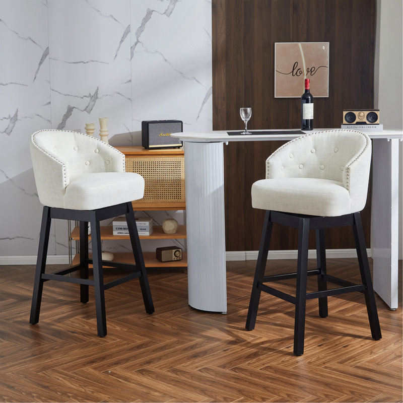 Ensemble de 2 tabourets de comptoir pivotants de 33,25 po, avec tabourets de bar à hauteur de comptoir avec structure en bois d'hévéa massif, dossier, repose-pieds, tabourets de bar sans accoudoir pour bar personnel, comptoir de cuisine, noir et beige