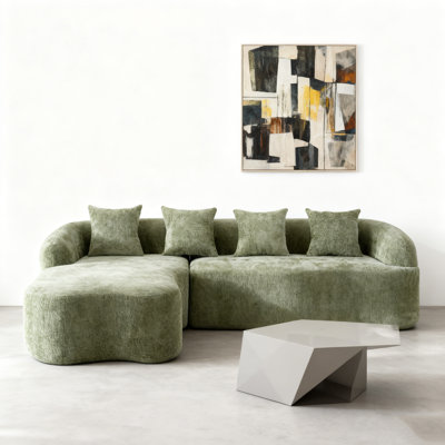 Full Compression L-Shape Sectional Sofa With Curved Chaise, Green Modular Chenille Couch, High-Density For Apartment Living Room
